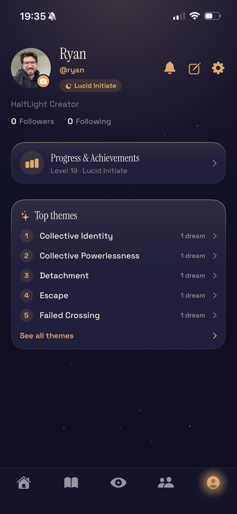 HalfLight profile: rank, progress, and the dreamer's most repeated themes