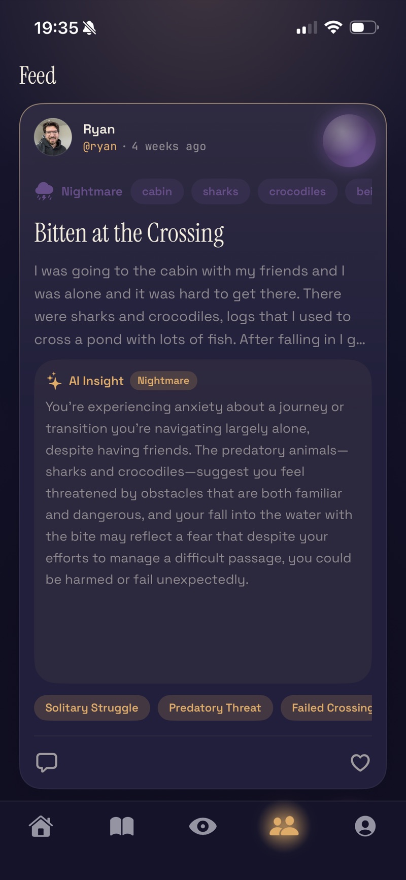 HalfLight feed: a shared dream with its AI insight and theme tags